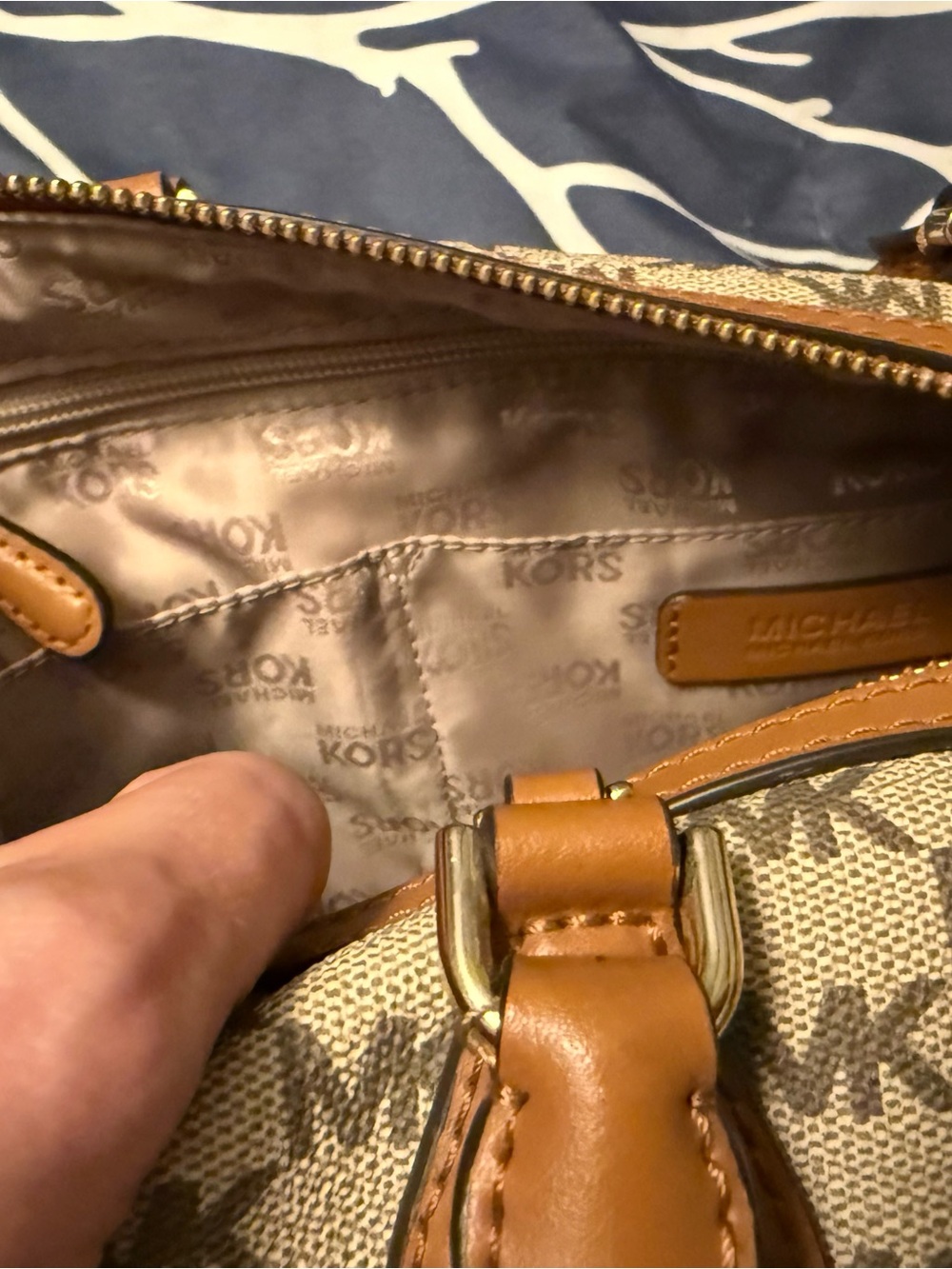 Michael Kors Beige/Brown Signature MK Satchel with Tan Trim - Picture 4 of 5